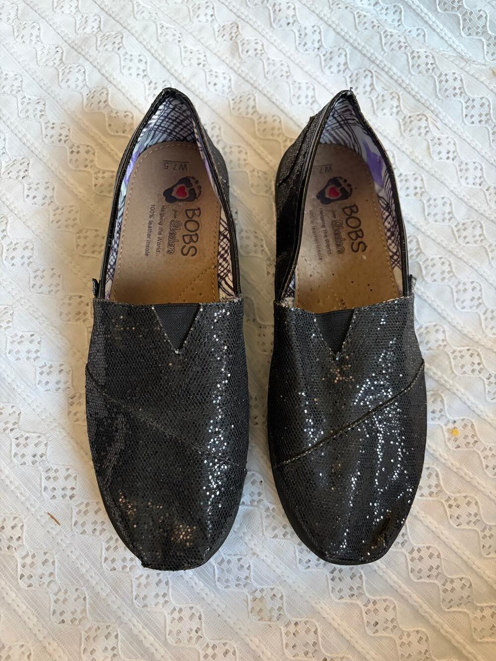 Skechers BOBS Black Shimmer Slip On Loafers Casual Shoes Women's Size 7.5